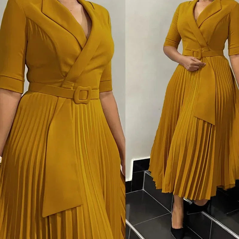 Summer New Women Clothing Elegant Office Dresses Pleated Woman Notched Collar Half Sleeve Belt Waisted Mid Female Vestidos