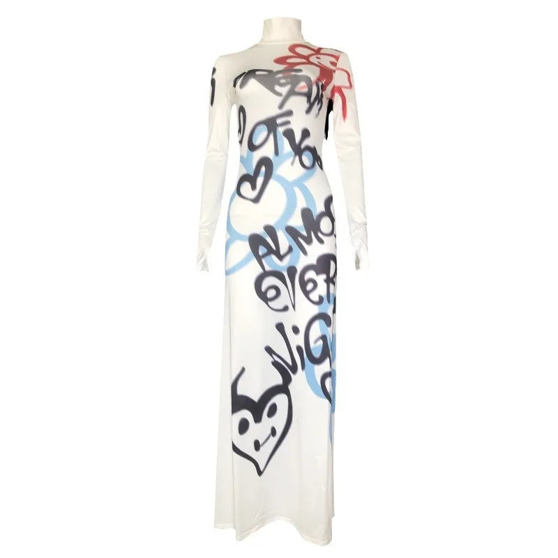 Women's High-Neck Colour Block Graffiti Long Dress — Slim Fit Bodycon Maxi