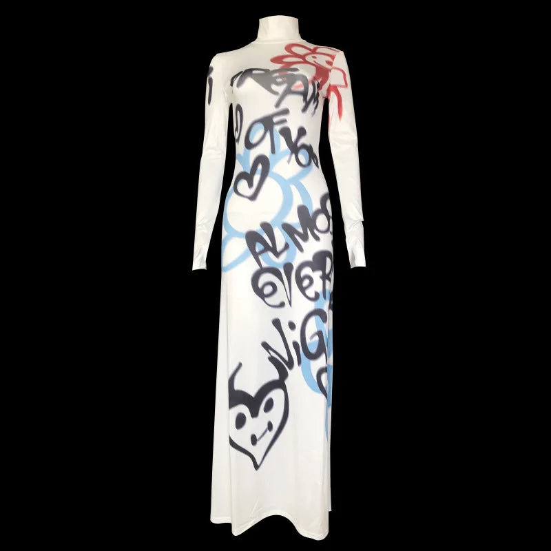 Women's High-Neck Colour Block Graffiti Long Dress — Slim Fit Bodycon Maxi