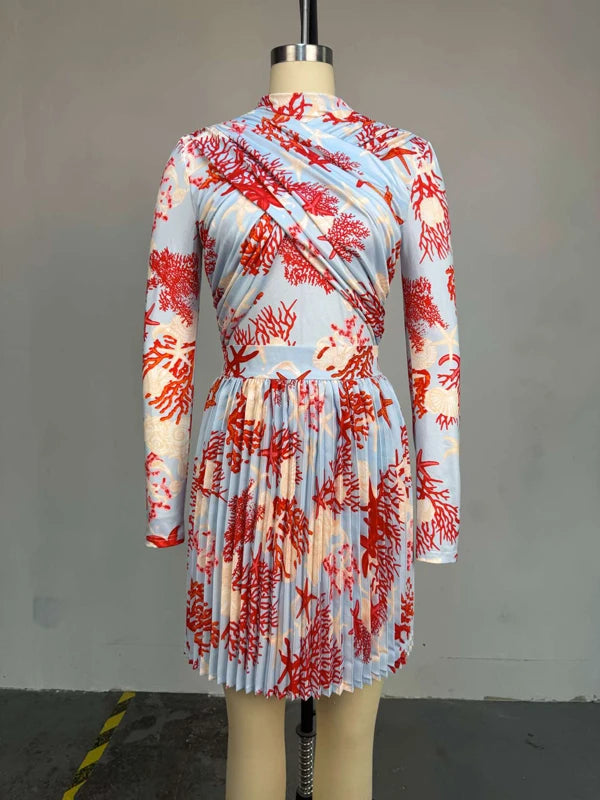 Women Clothing 2 Pieces Print Long Sleeve Shirt Top and Pleated Mini Skirt Luxury Fashion Wear Elegant Party Birthday Dress Set