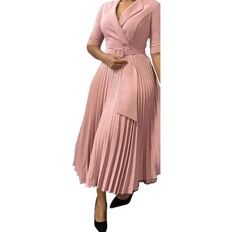 Summer New Women Clothing Elegant Office Dresses Pleated Woman Notched Collar Half Sleeve Belt Waisted Mid Female Vestidos