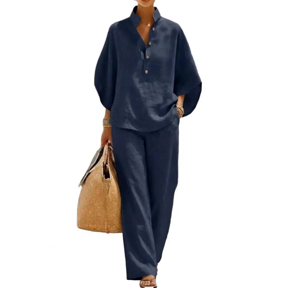 Coordinated Women Clothing Breathable Summer Outfit Women’s Batwing Sleeve Linen Two-piece Set Shirt Wide Leg Pants Outfit