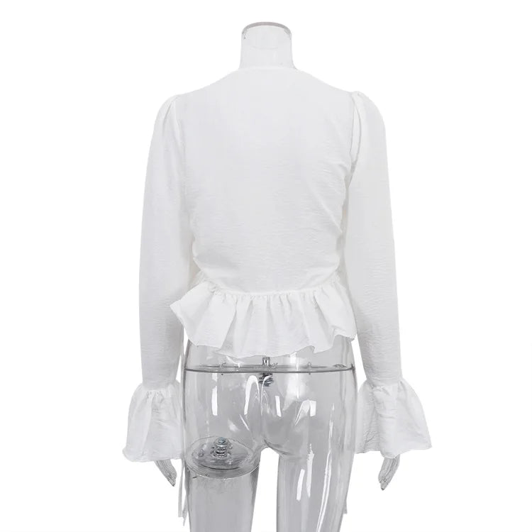 Women's clothing  spring new design ruffle edge horn sleeve lace-up top versatile shirt