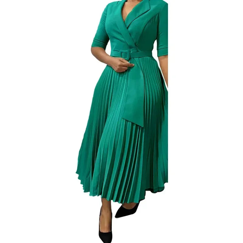 Summer New Women Clothing Elegant Office Dresses Pleated Woman Notched Collar Half Sleeve Belt Waisted Mid Female Vestidos