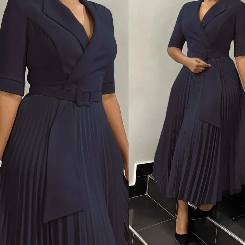 Summer New Women Clothing Elegant Office Dresses Pleated Woman Notched Collar Half Sleeve Belt Waisted Mid Female Vestidos