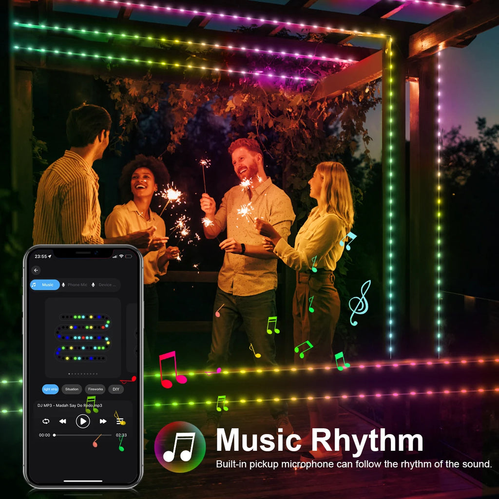 Smart RGBIC LED Strip Light, Bluetooth, USB, 20m, Waterproof, String Light, Room, Outdoor, Garden, Fairy Lights, DIY Decoration