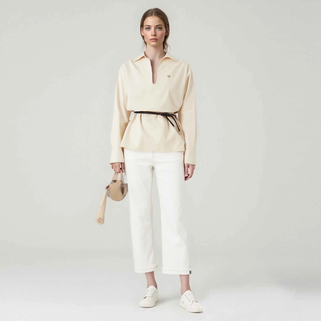 Women's Embroidery V-Neck Long Sleeve Top — Elegant Loose Office Blouse
