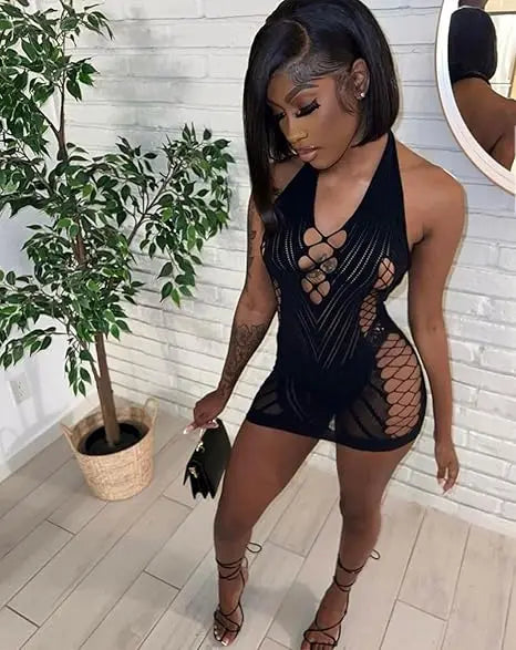 Underwear Dress Women Striped Perspective Hollow Tight Short Dresses Women Clothing Dress Summer Sheer Breathable Camisole Skirt