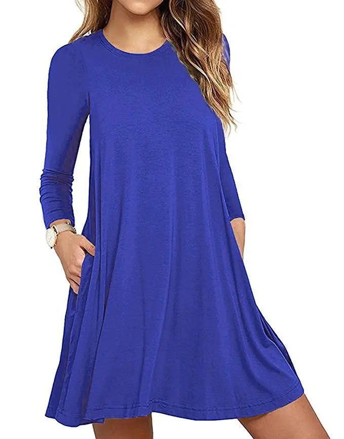 Women's Clothing New Autumn Winter Dress Solid Color Round Neck Swing Pocket Swing