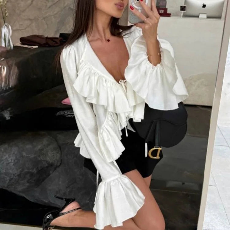 Women's clothing  spring new design ruffle edge horn sleeve lace-up top versatile shirt