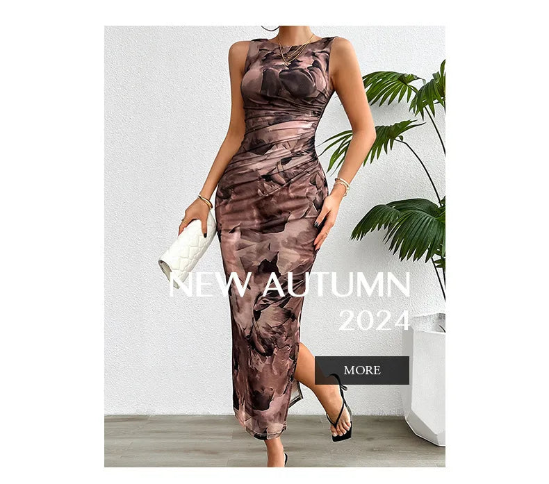 Women's Clothing 2024 Spring Summer New Fashionable Printed Temperament Slim Fit Sexy Sleeveless Tight Fitting Dress