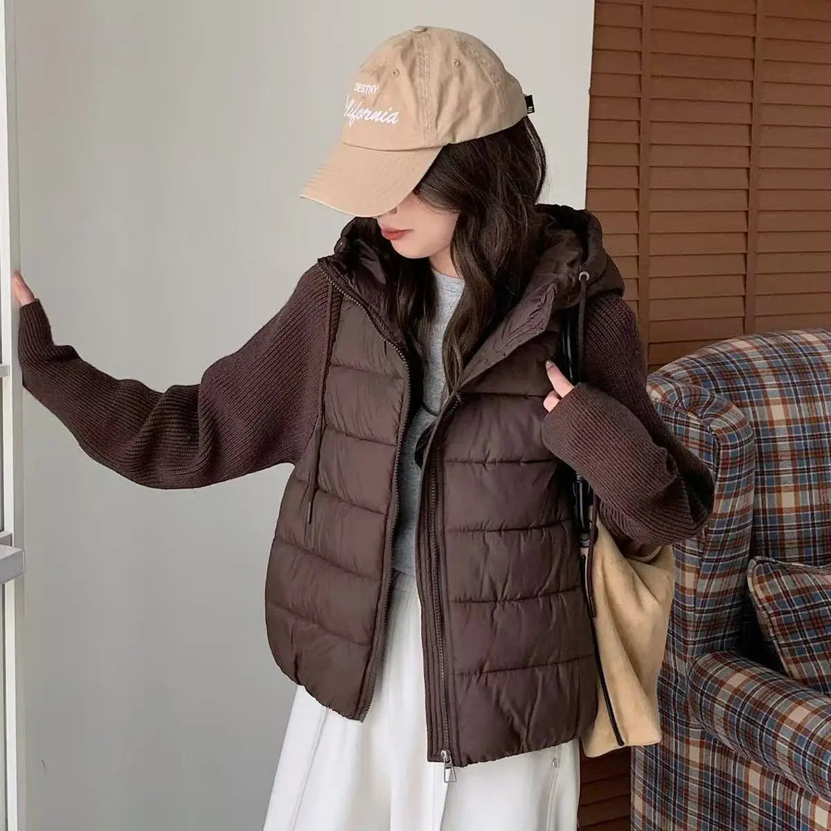 Women's Knitted Splicing Down Cotton Coat — Warm Versatile Short Winter Jacket