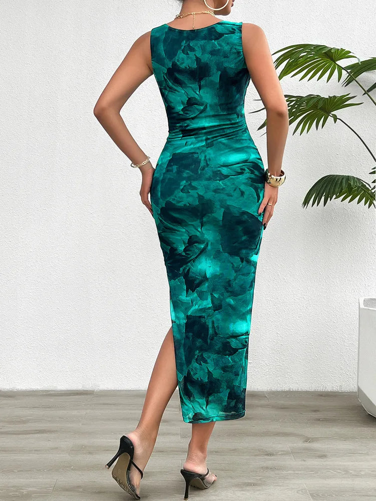 Women's Clothing 2024 Spring Summer New Fashionable Printed Temperament Slim Fit Sexy Sleeveless Tight Fitting Dress