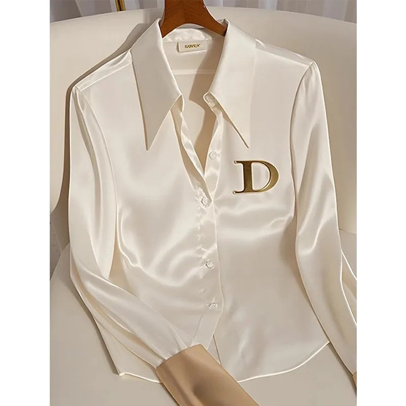 Women's Acetate Satin Blouse — High-End Niche Cool White Office Shirt