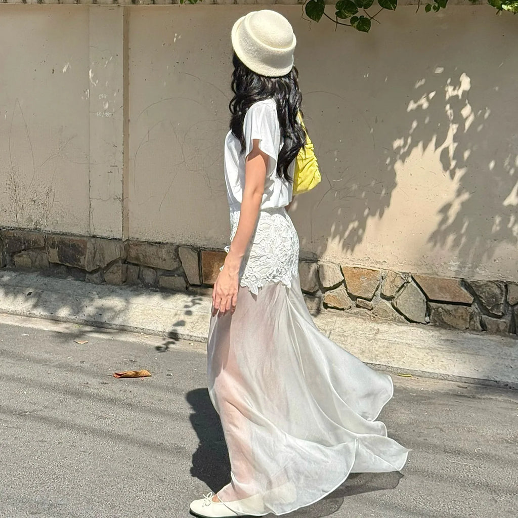 Women's Clothing  Spring New Fashion Temperament Sexy Slim Fit Versatile High Waist Perspective Skirt Long Dress