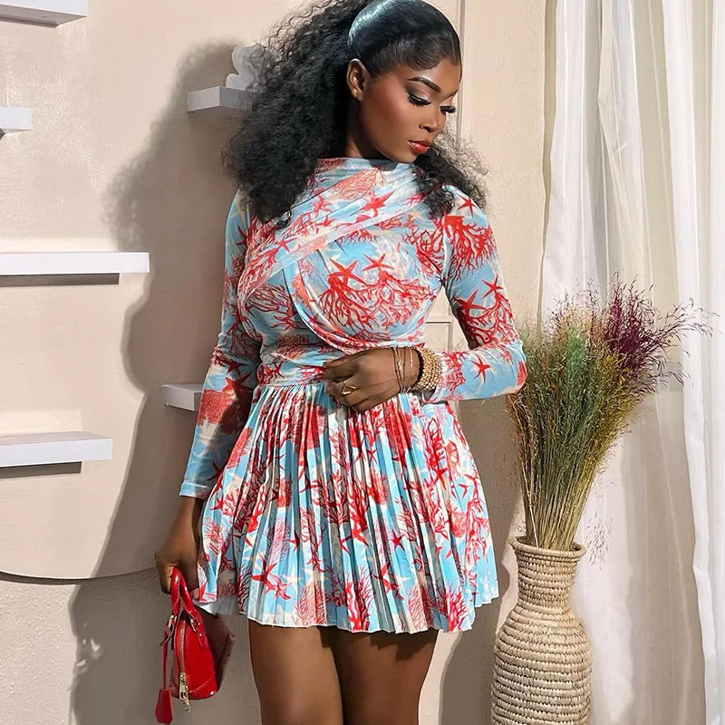 Women Clothing 2 Pieces Print Long Sleeve Shirt Top and Pleated Mini Skirt Luxury Fashion Wear Elegant Party Birthday Dress Set