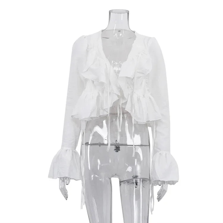 Women's clothing  spring new design ruffle edge horn sleeve lace-up top versatile shirt