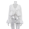 Women's clothing  spring new design ruffle edge horn sleeve lace-up top versatile shirt