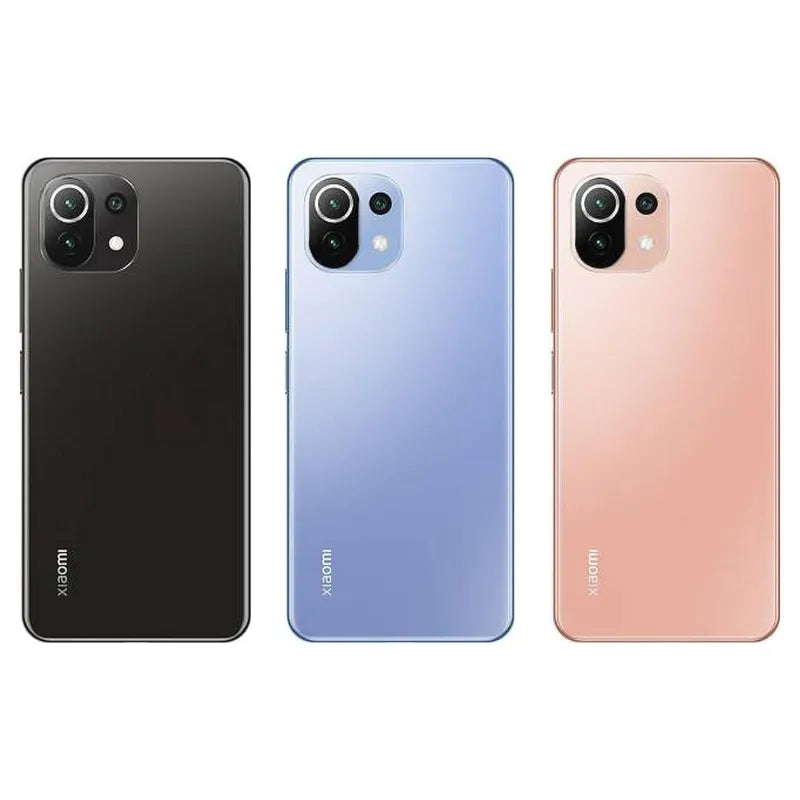 Xiaomi 11 Lite rear view in black, blue and pink showing the triple camera module