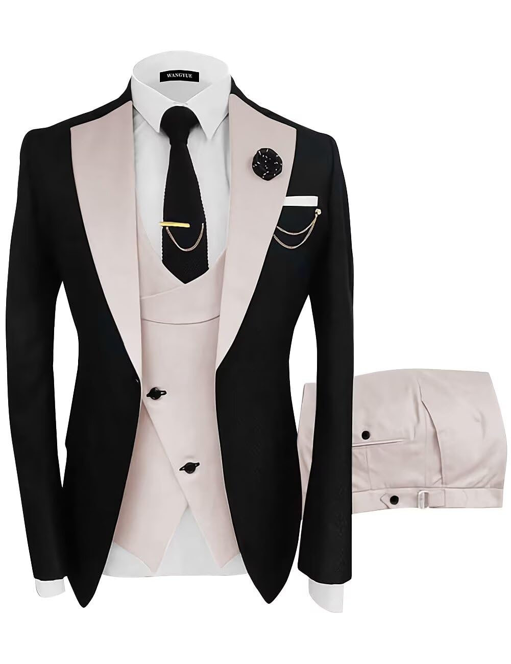 Wangyue Mens Suits 3 Piece Suit for Men Slim Fit Wedding Prom Dress Suit Formal Business Suit Double Breasted Black Beige Suit Men XS