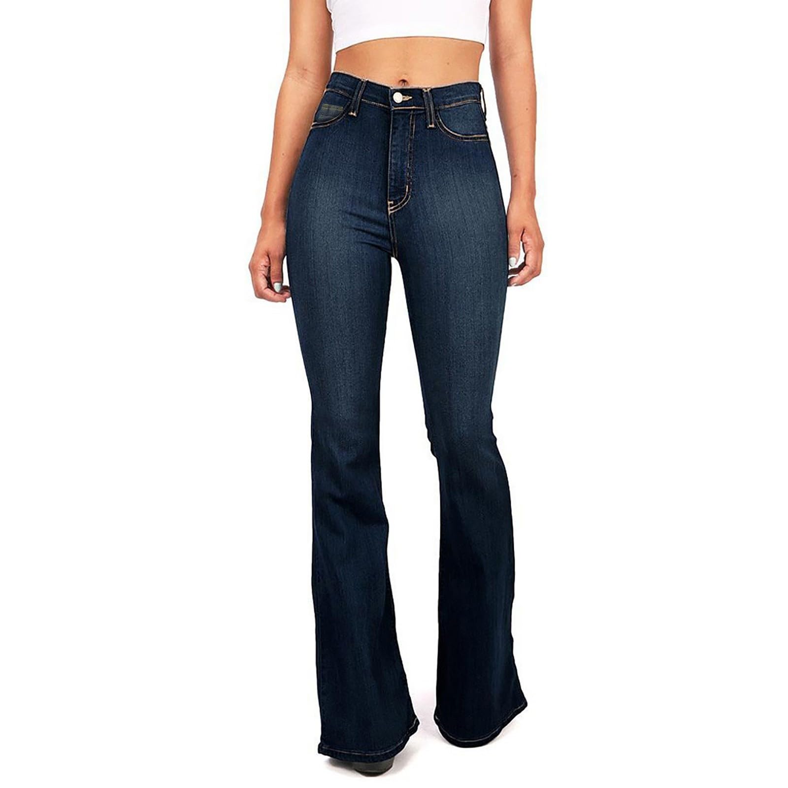 HUMMHUANJ Prime of Deals Women Clothing Flared Jeans y2k Womens Stretch Flare Jeans high Waisted Bell Bottom Tummy Control Button Curvy Denim Pants Boot Leg Jeans for Women Super high Waisted Jeans