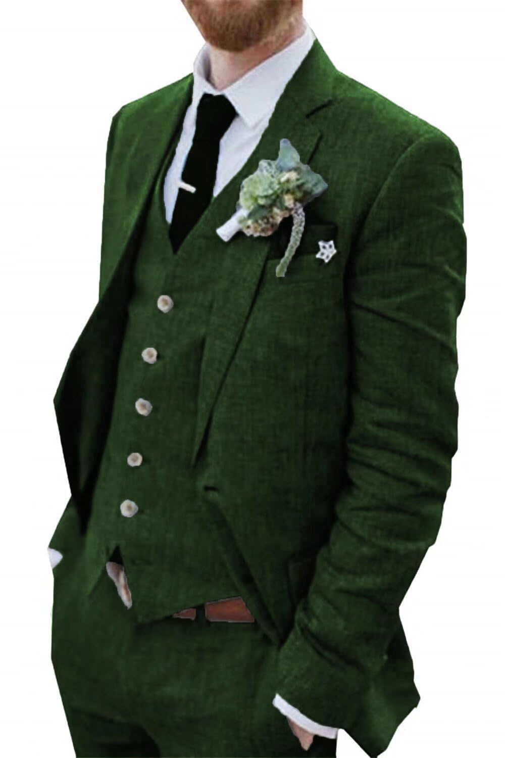 Wehilion Linen Suits for Men Dark Green 3 Pieces Summer Thin Homecoming Men Suit Jacket Vest Pants Prom Dress Suit dg-XL